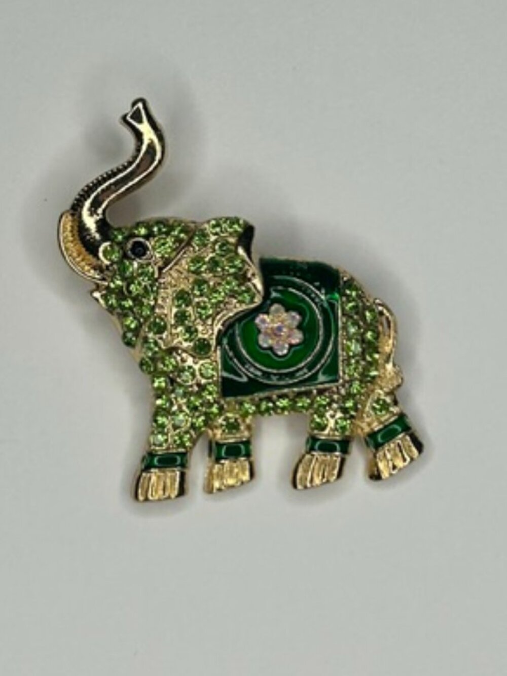 NWT Green Enamel Rhinestone Elephant Brooch Pin Gold Tone
